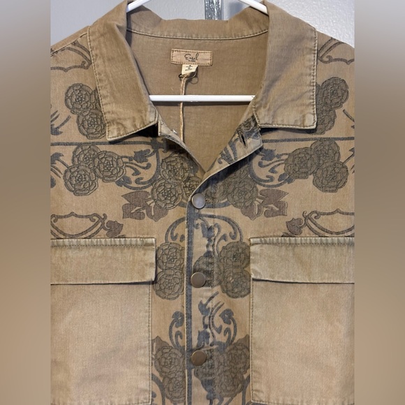 Easel Women’s button up jacket deep khaki floral stamped design drawstring Small - Picture 3 of 9